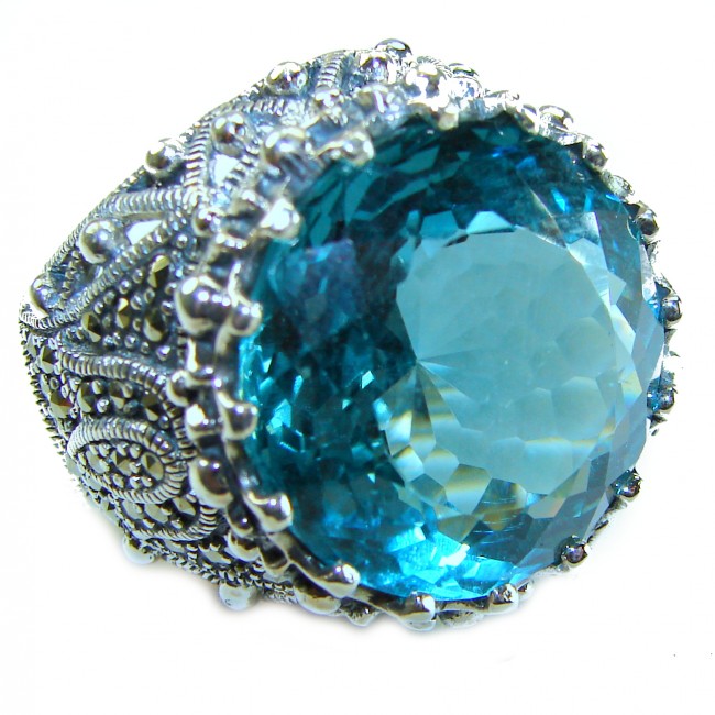 Massive Deep Blue 41.8 carat Aquamarine .925 Sterling Silver handcrafted Large ring size 9