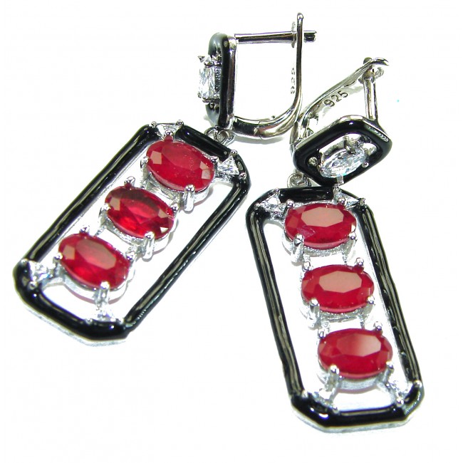 Art Deco 8.2 carat Ruby black enamel .925 Sterling Silver handcrafted earrings