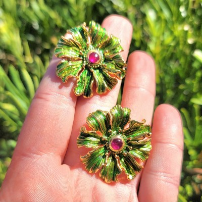 Back to Nature - authentic 2.5 carat Ruby Enamel 18K Gold over .925 Sterling Silver handcrafted Large Statement earrings