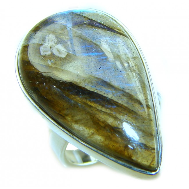 Shimmering Natural faceted Labradorite .925 Sterling Silver handcrafted Large ring size 7 adjustable