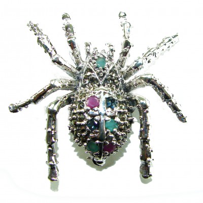 Large Black Widow Spider genuine Ruby .925 Sterling Silver handmade Pendant - Brooch