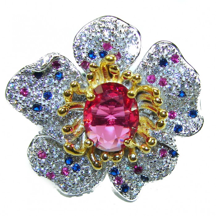 4.2 carat oval cut Brazilian Pink Tourmaline 2 tones .925 Silver handcrafted Cocktail Ring s. 6 1/4