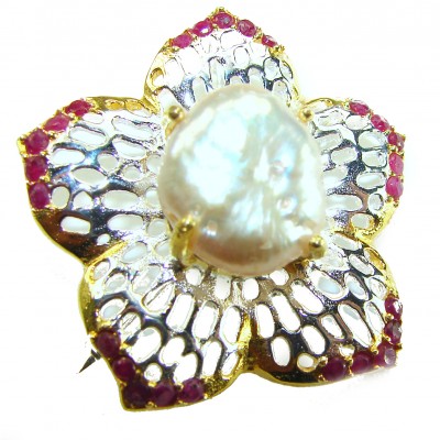 Genuine Mother of Pearl Ruby 14K Gold .925 Sterling Silver handmade Pendant Brooch