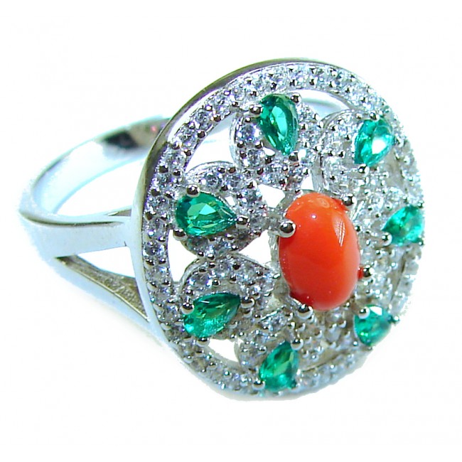 Serenity - 10.5 carat genuine Coral Emerald .925 Sterling Silver handmade ring s. 8