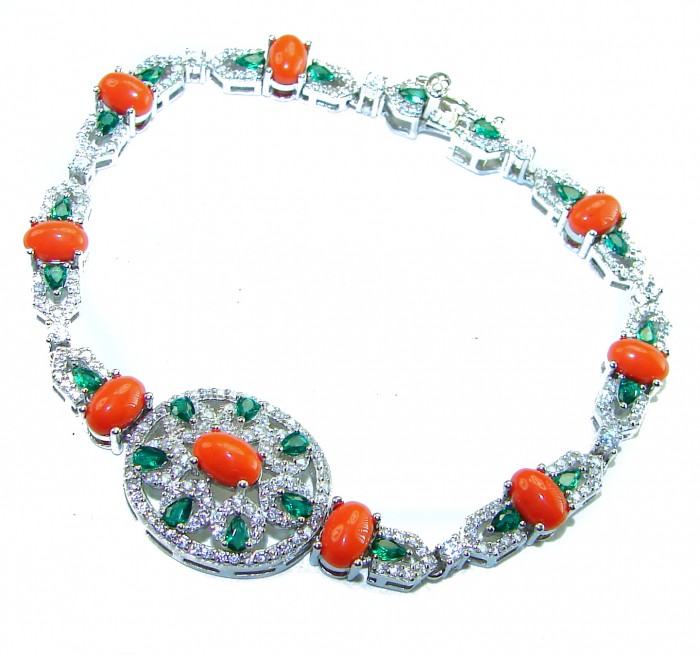 Serenity 42.5 carat genuine Coral Emerald .925 Sterling Silver handmade Statement Bracelet