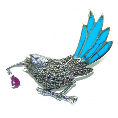 Blue Bird genuine INLAY Turquoise Marcasite .925 Sterling Silver handmade Brooch
