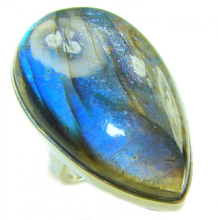 Shimmering Natural Labradorite .925 Sterling Silver handcrafted Large ring size 8 adjustable - video