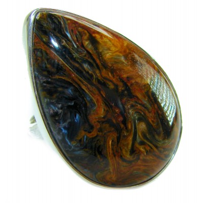 Large 31.8 carat Silky Golden Pietersite .925 Sterling Silver handmade Ring size 7 adjustable
