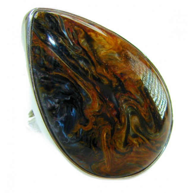 Large 31.8 carat Silky Golden Pietersite .925 Sterling Silver handmade Ring size 7 adjustable