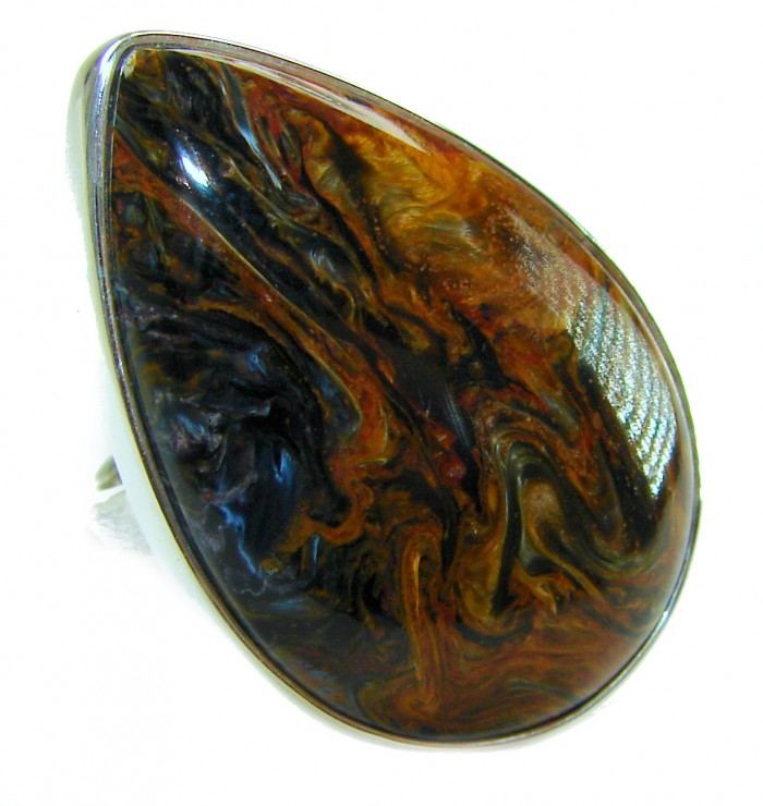Large 31.8 carat Silky Golden Pietersite .925 Sterling Silver handmade Ring size 7 adjustable