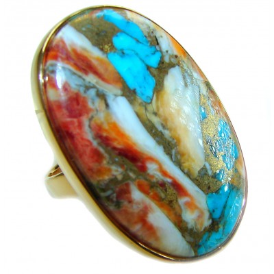 Rare 46.5 carat Oyster Turquoise 18K Gold over .925 Sterling Silver handcrafted Large ring; s. 8 adjustable