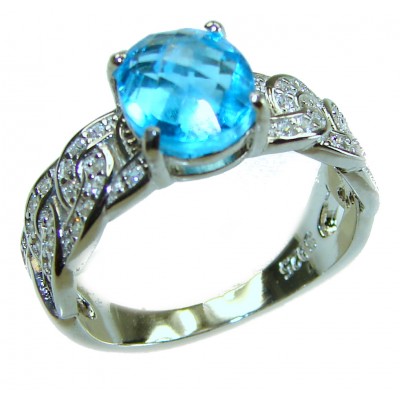 Blue Odyssey 4.5 carat authentic Swiss Blue Topaz .925 Sterling Silver handmade Statement Ring size 9