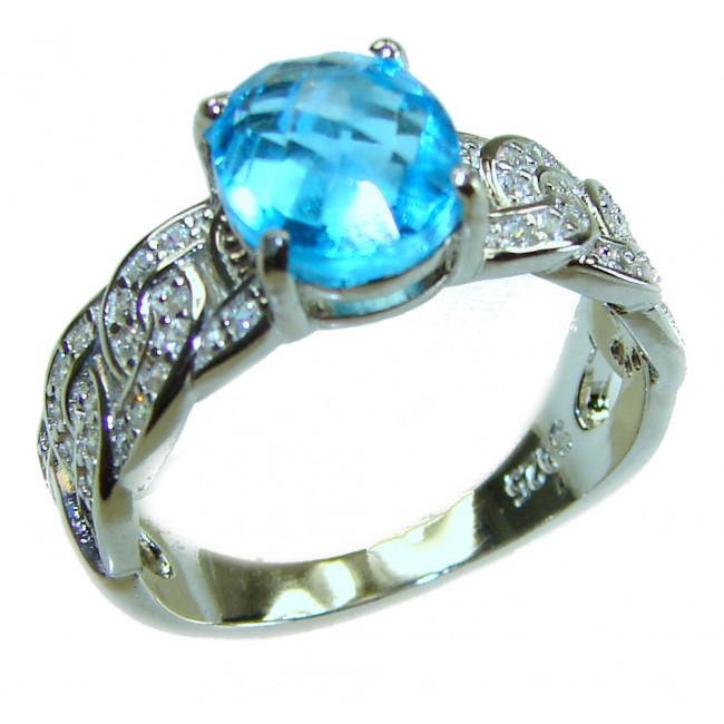 Blue Odyssey 4.5 carat authentic Swiss Blue Topaz .925 Sterling Silver handmade Statement Ring size 9