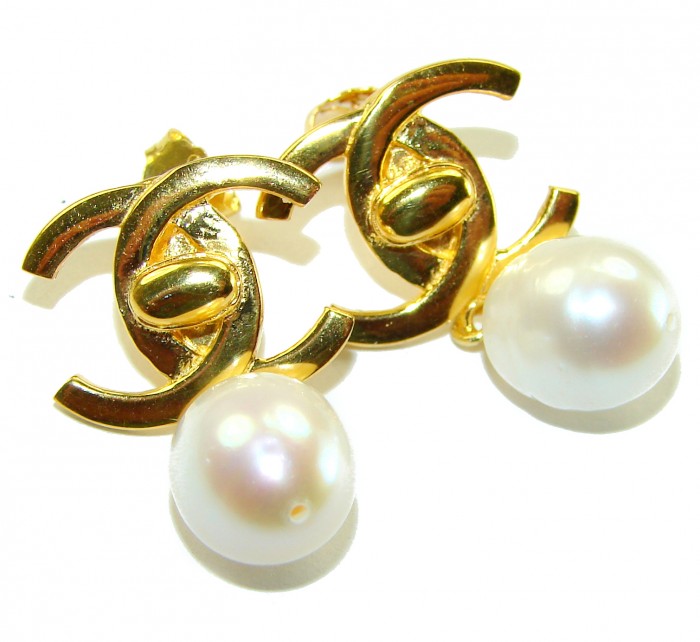 Classy Design - Genuine Pearl 14K Gold over .925 Sterling Silver handcrafted Statement Earrings