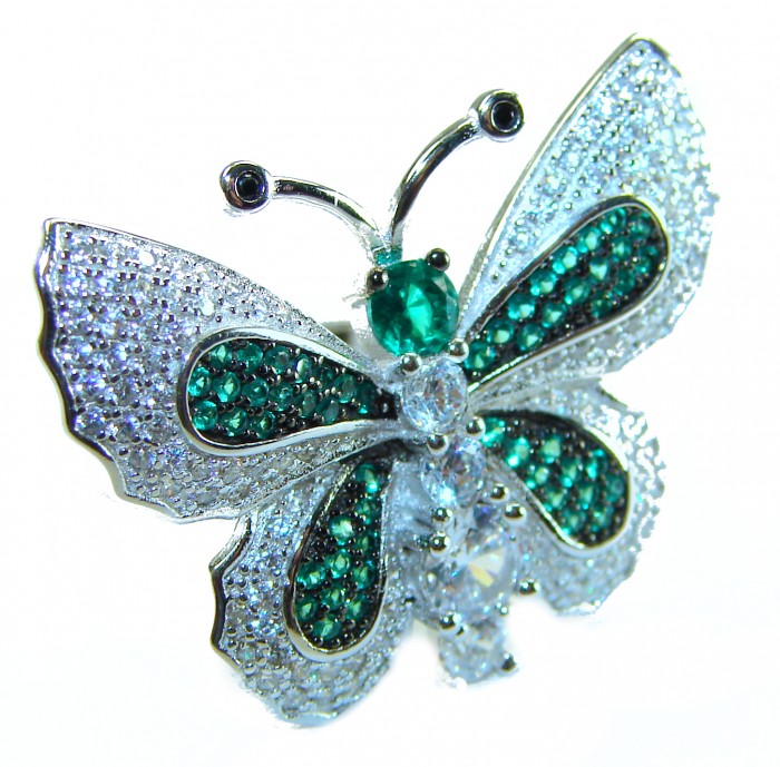 Precious Butterfly Genuine 10.5 carat Emerald .925 Sterling Silver handmade Statement Ring size 6 1/4