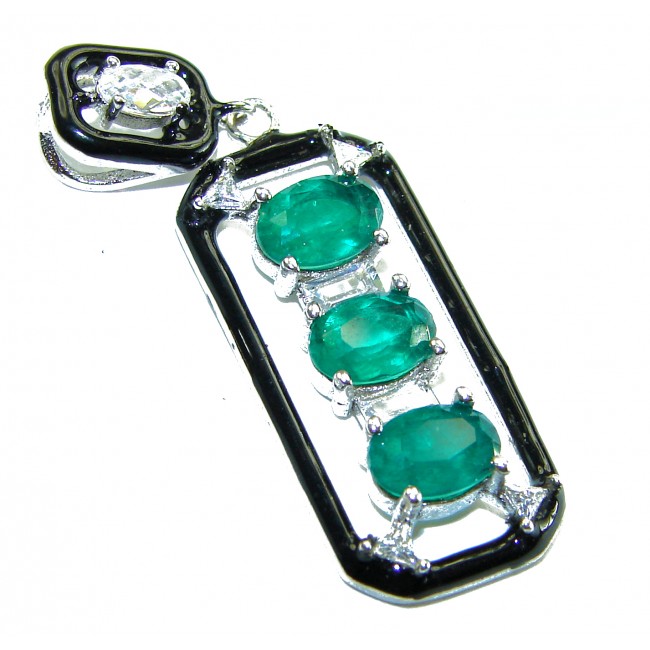 Art Deco 8.5 carat Emerald black enamel .925 Sterling Silver handmade Pendant