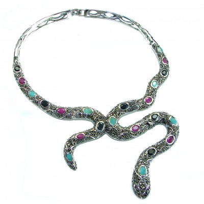 Large Snake genuine 18.5 carat Ruby from Madagaskar Marcasite .925 Sterling Silver handcrafted necklace