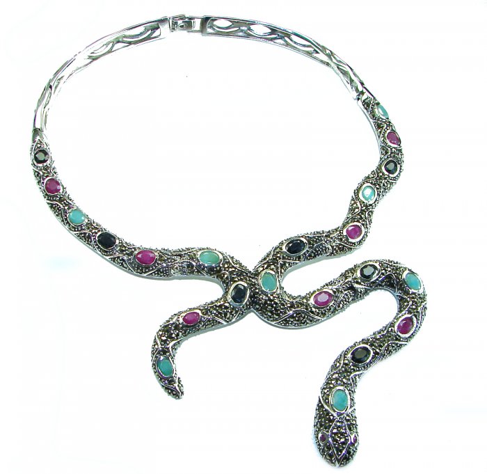 Large Snake genuine 18.5 carat Ruby from Madagaskar Marcasite .925 Sterling Silver handcrafted necklace - video