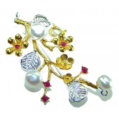 Floral Design Genuine Pearl Ruby 14K Gold .925 Sterling Silver handmade Pendant Brooch