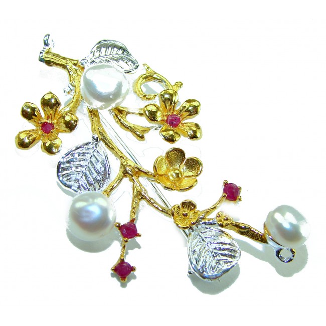 Floral Design Genuine Pearl Ruby 14K Gold .925 Sterling Silver handmade Pendant Brooch