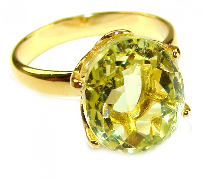 Solid 14.8 carat Genuine Lemon Quartz 14K Gold over .925 Sterling Silver handcrafted ring size 7