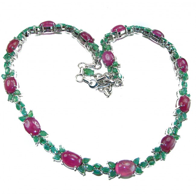 Luxurious natural 202.5 carat Ruby Emerald .925 Sterling Silver handmade Statement necklace