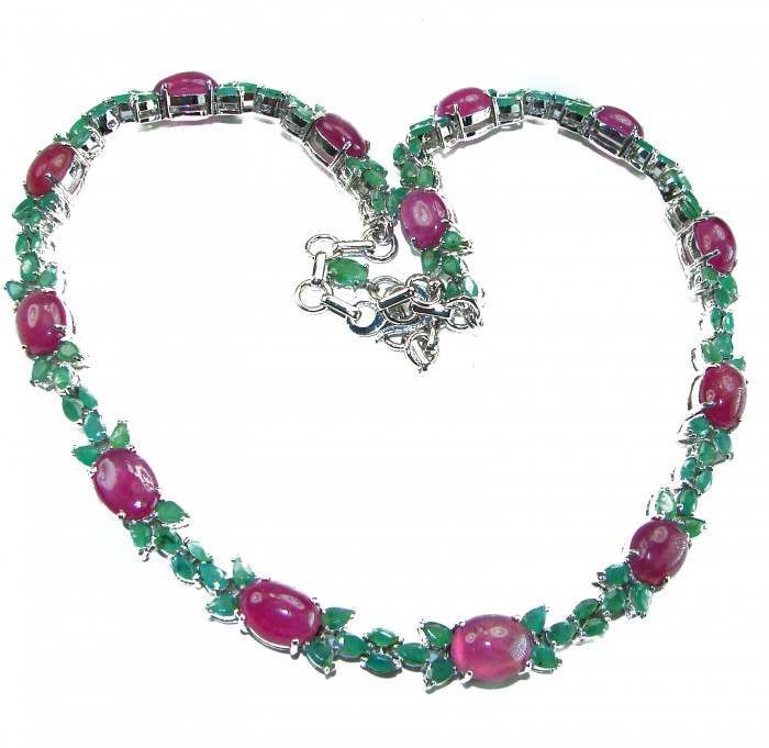 Luxurious natural 202.5 carat Ruby Emerald .925 Sterling Silver handmade Statement necklace