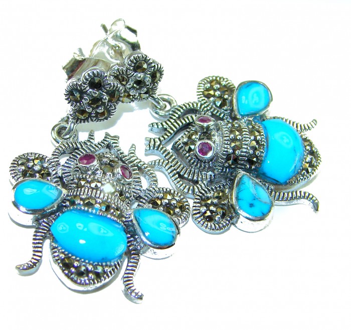 Blue Bees inlay Turquoise Ruby Marcasite .925 Sterling Silver Handcrafted earrings