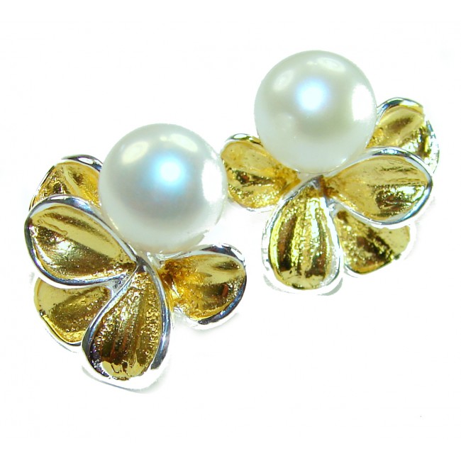 Genuine Pearl 14K Gold over .925 Sterling Silver handcrafted Statement Earrings