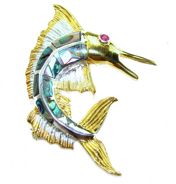Precious Fish Natural Rainbow Abalone Ruby 14K Gold over .925 Sterling Silver handmade Pendant Brooch