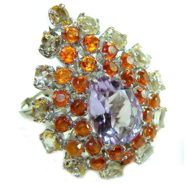 Tiffany - 27.5 carat Pink Amethyst rhodium over .925 Silver handcrafted Statement Ring s. 6