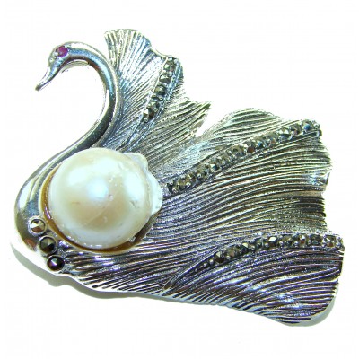 Perfect Swan Pearl Ruby .925 Sterling Silver handmade Pendant Brooch