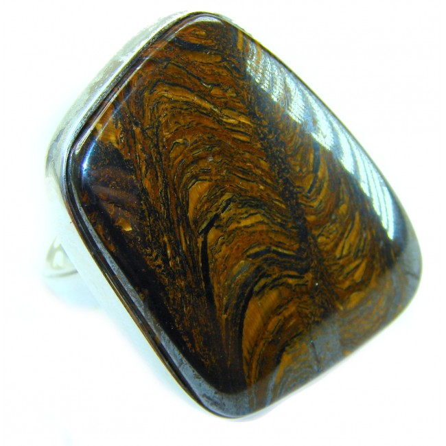 Large 32.5 carat Silky Golden Pietersite .925 Sterling Silver handmade Ring size 8 adjustable