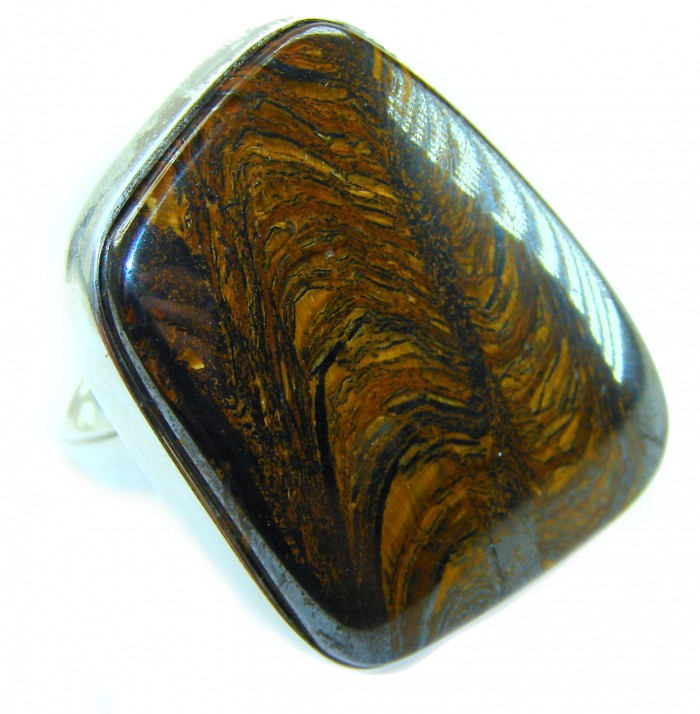 Large 32.5 carat Silky Golden Pietersite .925 Sterling Silver handmade Ring size 8 adjustable