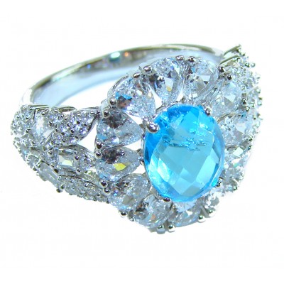 Blue Odyssey 4.5 carat authentic Swiss Blue Topaz .925 Sterling Silver handmade Statement Ring size 7 1/4