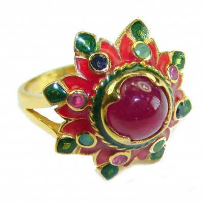 Divine Creation 5.5 carat Mozambique Star Ruby Enamel 18K Gold over .925 Sterling Silver handcrafted Ring s. 7 3/4