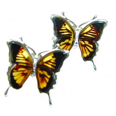 Butterflies carved Baltic Polish Amber .925 Sterling Silver earrings