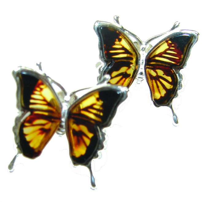 Butterflies carved Baltic Polish Amber .925 Sterling Silver earrings