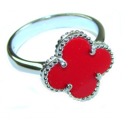 A four-leaf clover Coral .925 Sterling Silver handcrafted ring s. 8