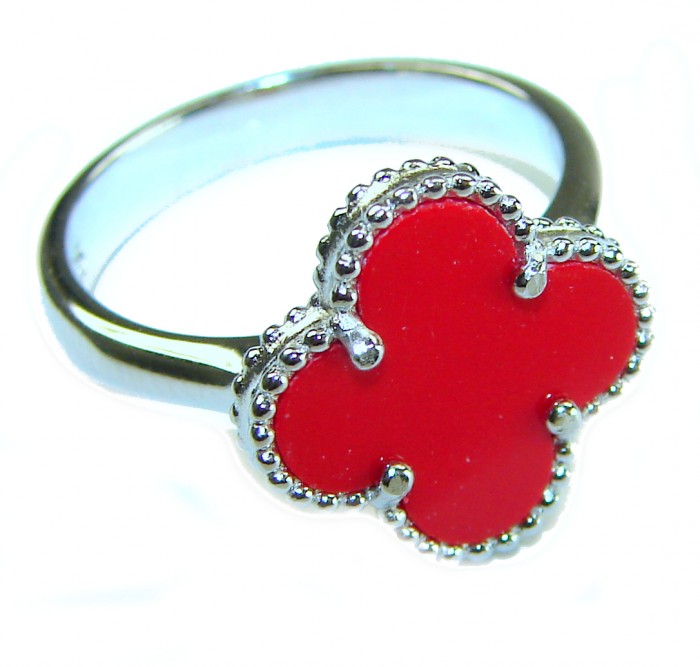 A four-leaf clover Coral .925 Sterling Silver handcrafted ring s. 8