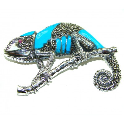 Spectacular Big Chameleon Lizard inlay Turquoise .925 Sterling Silver handmade Brooch