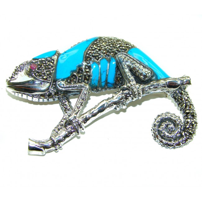 Spectacular Big Chameleon Lizard inlay Turquoise .925 Sterling Silver handmade Brooch
