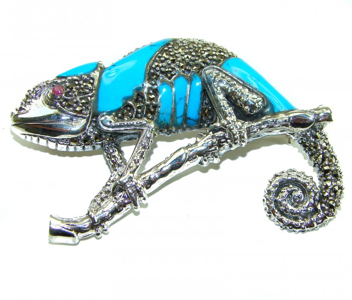 Spectacular Big Chameleon Lizard inlay Turquoise .925 Sterling Silver handmade Brooch