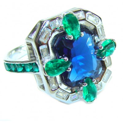 Art Deco 8.6 ctw Sapphire Emerald .925 Sterling Silver handcrafted Statement Ring size 8