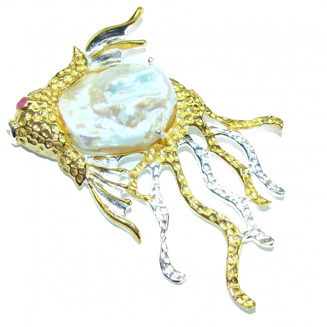 Golden Fish with a long veil Natural Blister Pearl 14K Gold over .925 Sterling Silver handmade pendant