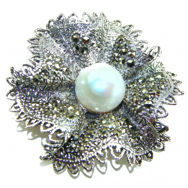 Genuine white Pearl Marcasite .925 Sterling Silver handcrafted Brooch