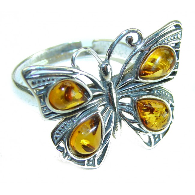 Butterfly Authentic Baltic Amber .925 Sterling Silver handcrafted ring; s. 8 adjustable