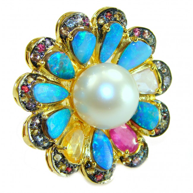 Giovanna- One-of-a-Kind genuine Australian Opal Pearl 18k Gold over .925 Sterling Silver Handcrafted Ring size 7