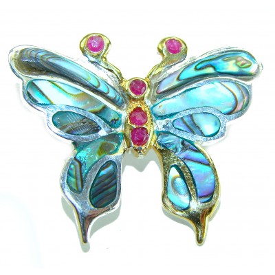 BUTTERFLY Natural Rainbow Abalone 10k GOLD OVER .925 Sterling Silver handmade Pendant