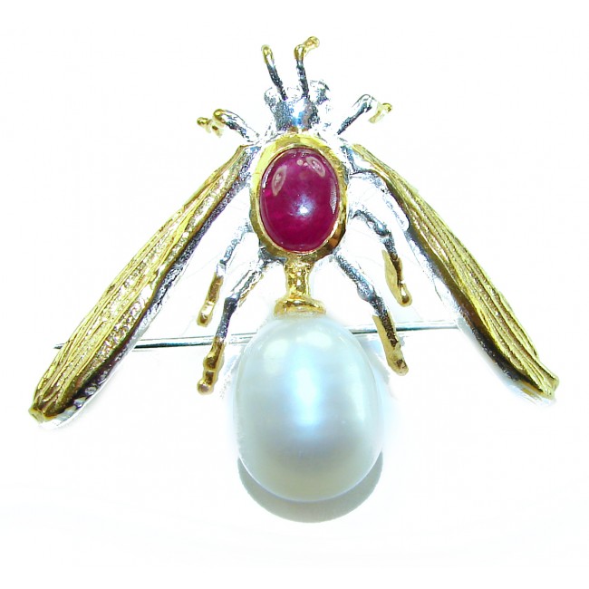 Ruby Bee genuine Enamel Pearl 14K Gold over .925 Sterling Silver handmade Pendant - Brooch